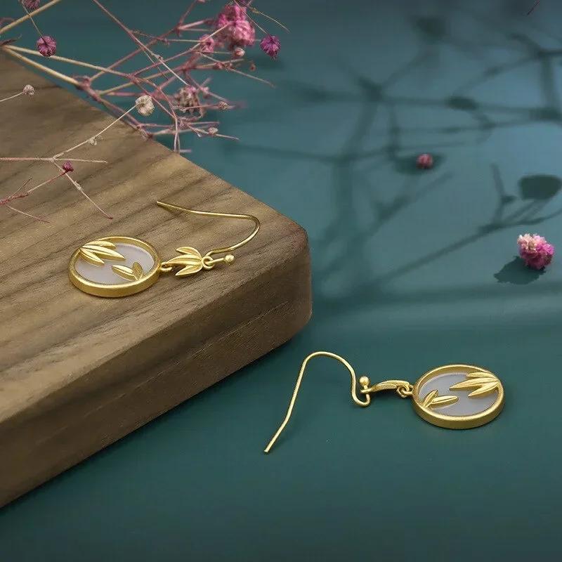 Classic Palace Style Earrings Copper Gold Plated Imitation Hotan Jade Earrings China-Chic Bamboo Leaves Premium Earrings Jewelry
