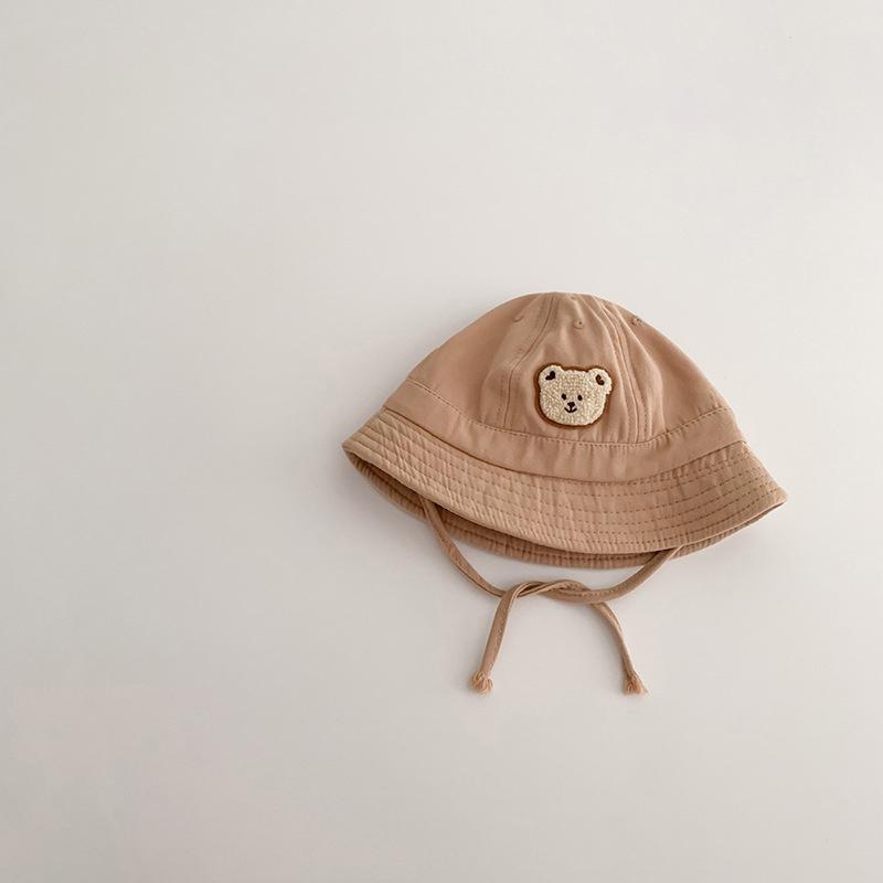 Cute Bear Baby Bucket Hat Solid Color Infant Boy Girl Cotton Fisherman Cap Summer Outdoor Toddler Lace-up Sun Hat