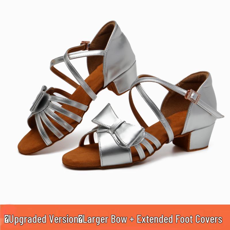 Girls' White Bow Latin Dance Shoes - Soft Sole, Mid-Heel for Cha-Cha and Standard Practices