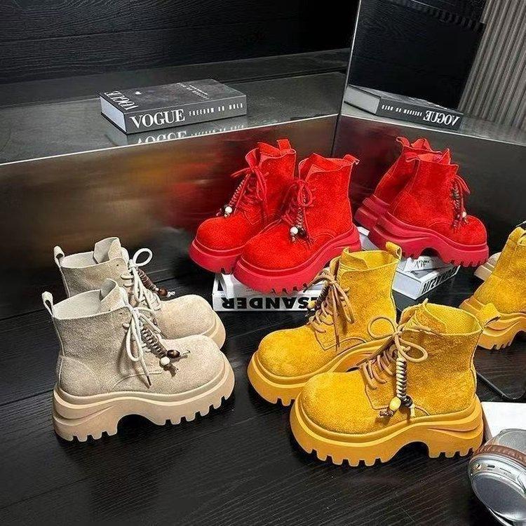 Frosted soft leather big-headed muffin thick-soled Martin boots for women's 2025 autumn new heightening locomotive versatile casual trendy boots