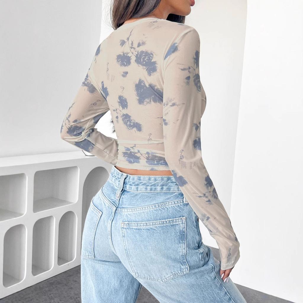 Fall/Winter New Elegant Women's Floral Mesh Print Pleated Side Crop Top Woman