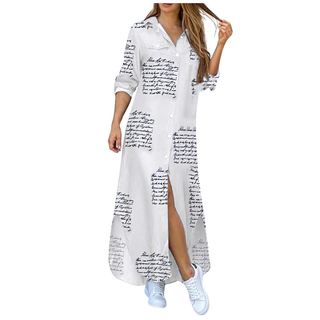 Fashion Womens Casual Loose Sexy Long Sleeve  Pocket Button Shirt Print Dress