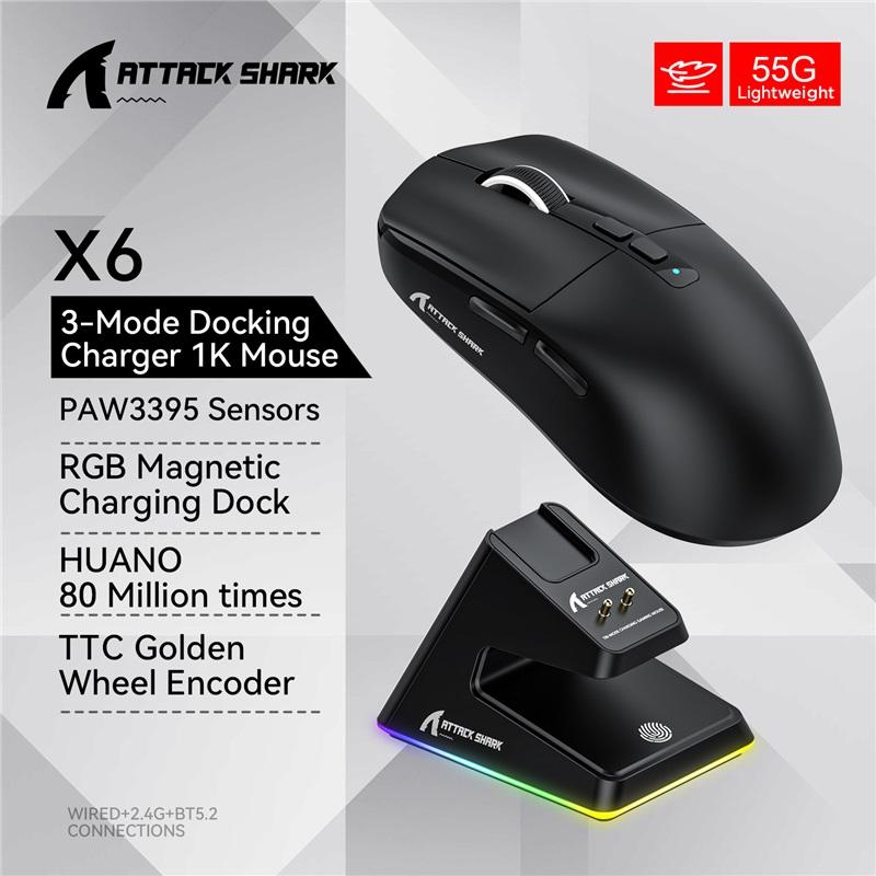 X6 Attack Shark Lehká bezdrátová myš Až 26K DPI RGB podsvícení Nabíjecí základna s bezdrátovým 3 režimem pro notebook Desktop