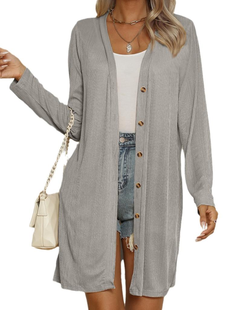 Damen Lang Knopf Farbe Lässig Langarm Strickjacke Frau