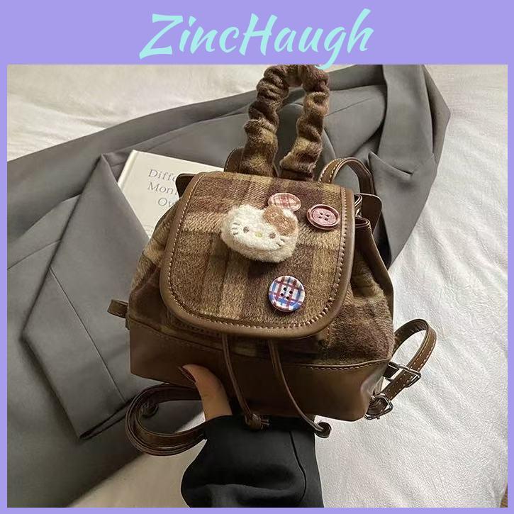 Hello Kitty Pu Backpack With Vintage Plaid Pattern For Commuting And Casual Outings