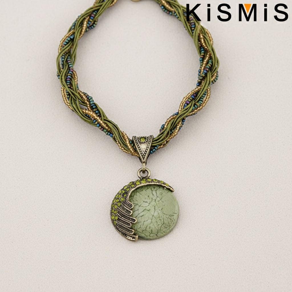 

Turquoise Rhinestone Pendant Chain Necklace Bohemian Retro Style Fashion Jewelry for Women зелений
