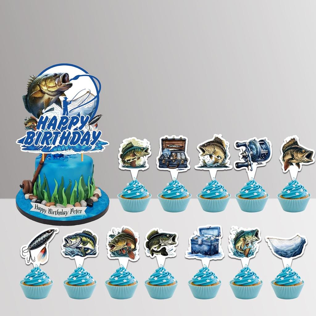 25 Pcs Gone Fishing Cake Topper Cupcake Toppers - Fishing Cake and Party Decorations - Birthday Party Supplies for Baby Shower
