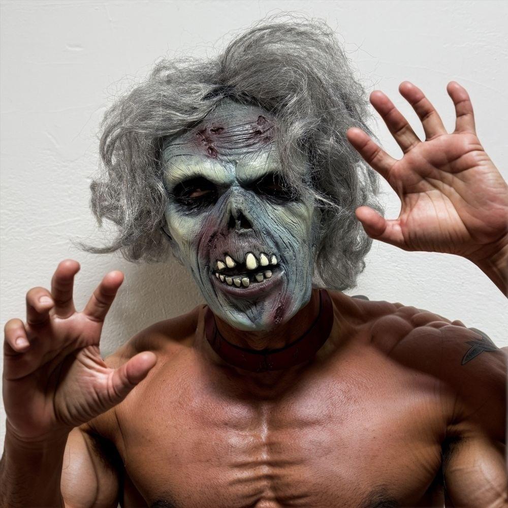 Maschera Zombie Uomo Morto Grigia per Capelli in Gomma con Morso di Sangue Cicatrice di Halloween Denti Cattivi Dettagliati Accessorio Costume di Halloween