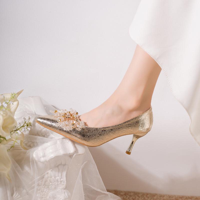 Pointed Stiletto Applique Solid Color High Heels Festive Wedding Dress Wedding Shoes Bride Show Shoes Korean Version of Fashion