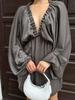 New V-Neck Long Sleeve Dress, Self-Designed Bubble Sleeve Maxi Dress