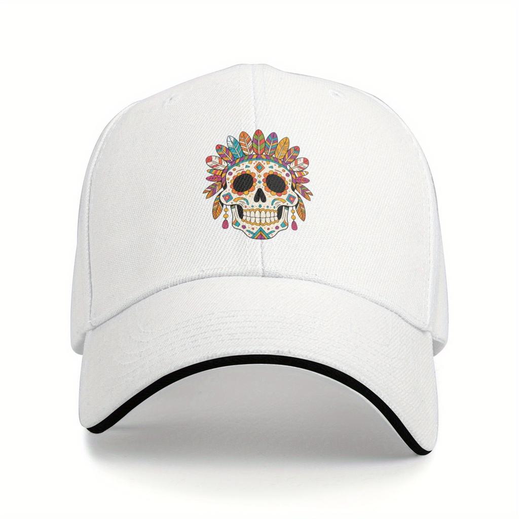 Sugar Skull Feather Headdress Baseball Cap Mexican Dia de los Muertos Print Cotton Adjustable Unisex Casual Hat