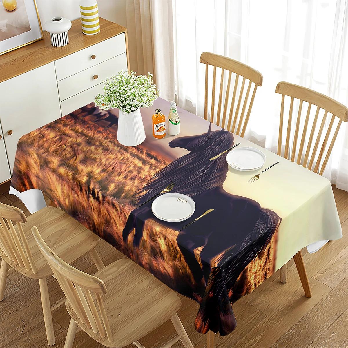 Tafelkleed Rechthoekig Renpaard Grasland Dier Zonsondergang voor Huisdecoratie Tafelkleed Keuken Eetkamer Feest Thee Tafel Decoratie 70x70cm