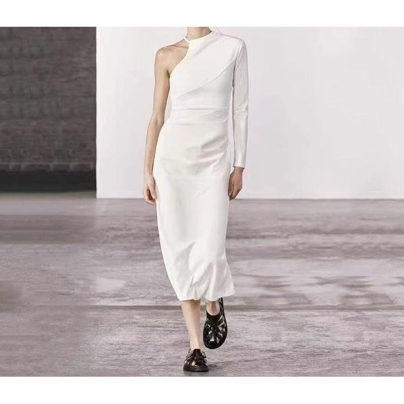 

Foreign Trade Order Za s Personalized Design Niche Shoulder Simple and Versatile Long sleeve Slimming Elegant Catwalk Dress White XL