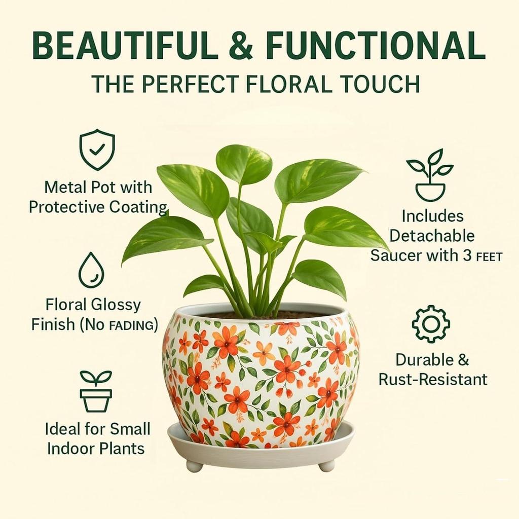 5 tommer, Lily Designer Blad Metall Plantepotte med Skålfat | Innendørs Utendørs Hjemmedekorasjon for Hageplanter Blomst, Balkong, Terrasse, Stue