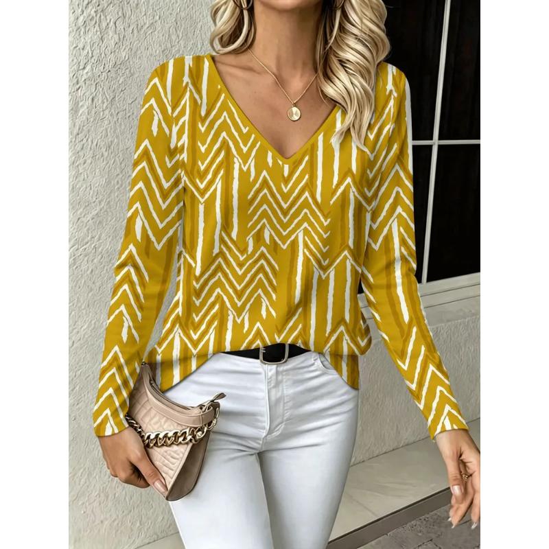 Fashion Women's V-Neck Long Sleeve 3D Casual Color Printing Casual Long Sleeve V-Neck T-Shirt