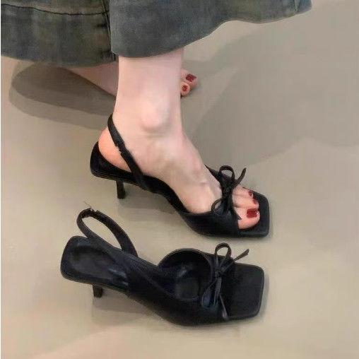 Temperament side empty open-toed sandals women's 2025 summer new French retro bow square head stiletto high heels women