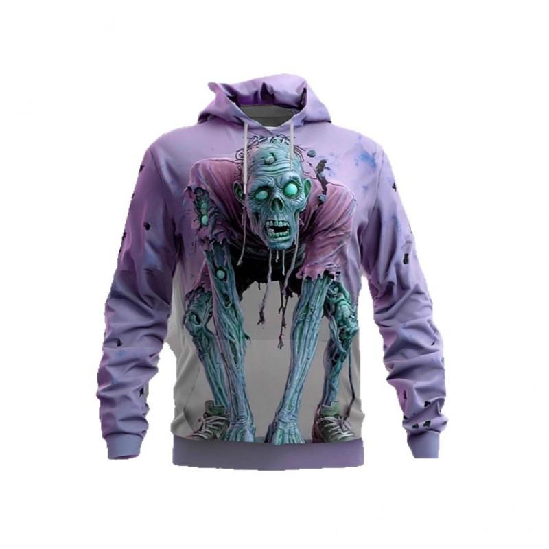 Mens Loose Fit Hooded Sweatshirt Halloween Horror Cartoon Print Long Sleeve Pullover Teens Adults