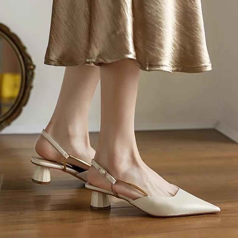 French Satin Style Sandals 2023 Spring Women New Pointed Mid Heel Design Luxury Versatile Single Shoes Zapatos De Mujer Trafza