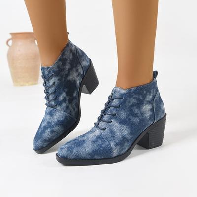 Denim Single Shoes Autumn New Round Toe Lace-Up Front Non-Slip Wear-Resistant Block Heel Shoes