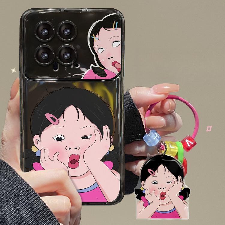 Anwendbar auf Xiaomi 14/13pro Handyhülle Redmi K70/60 Niedlicher Lustiger Mädchen-Anhänger Silikon Klappspiegel