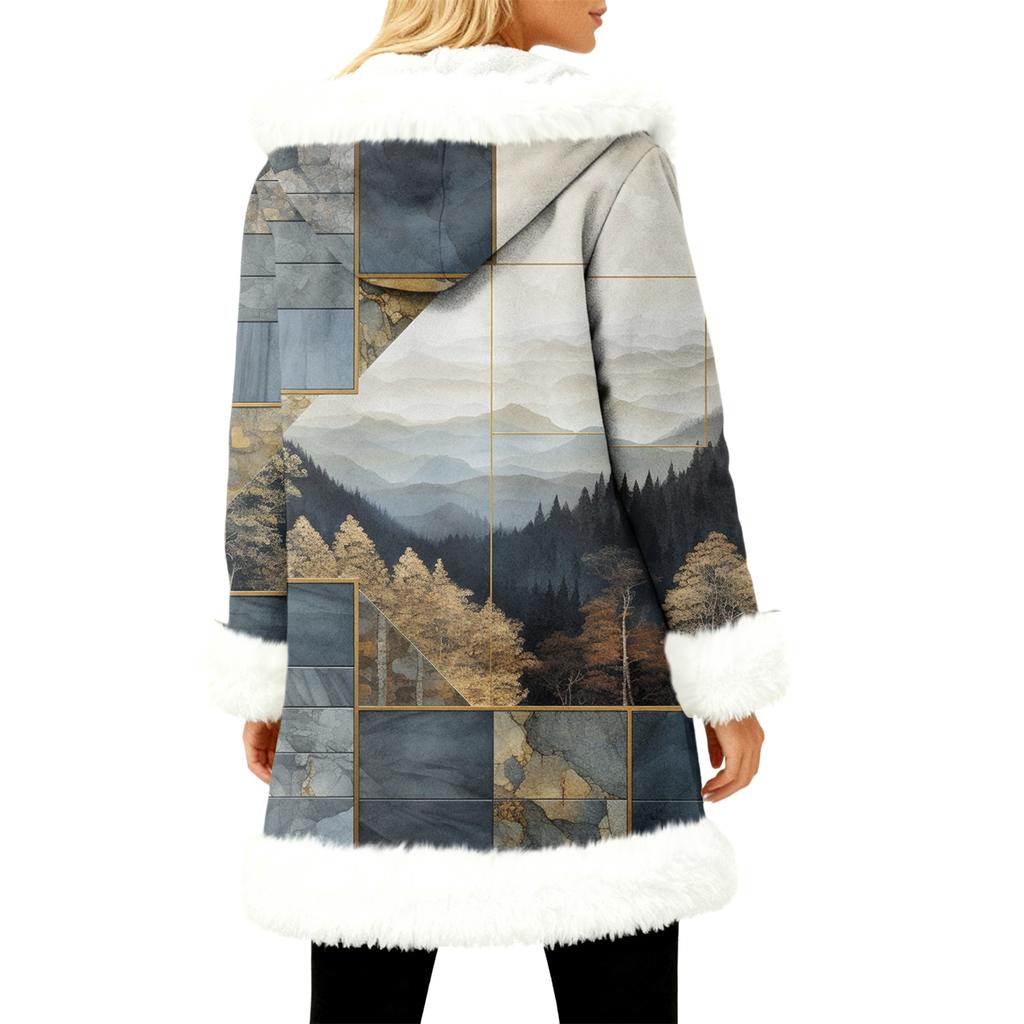 Unisex Casual And Fashionable Plush Collar Hooded Long Sleeved Floral Gradient Printing Jacket