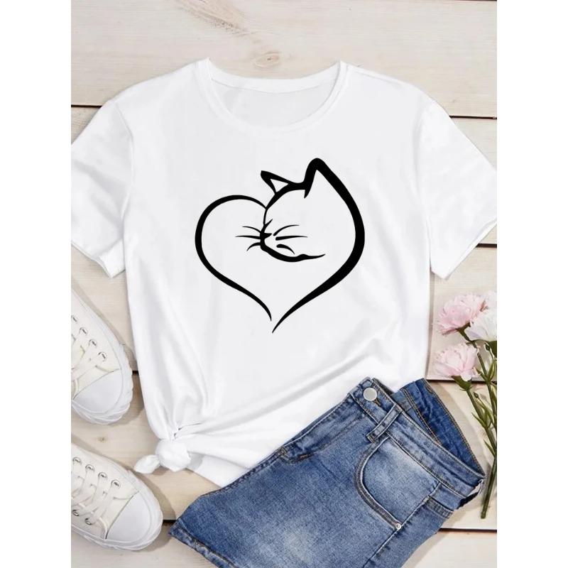 New Cute Love Heart Cat 3D Print Women T-Shirt Casual Summer Women's Clothing Cartoon T-Shirts