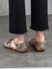 Johnature Genuine Leather Round Toe Soft Soled Flat Sandals Retro Pleated Women's Shoes