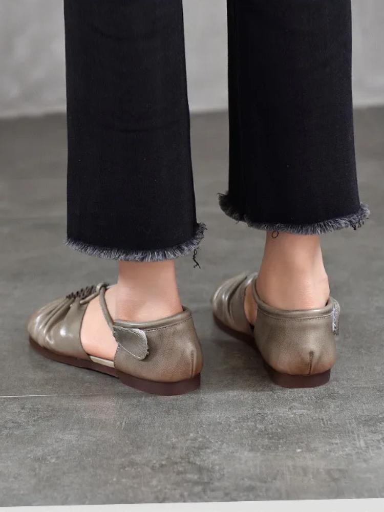 Johnature Genuine Leather Round Toe Soft Soled Flat Sandals Retro Pleated Women's Shoes