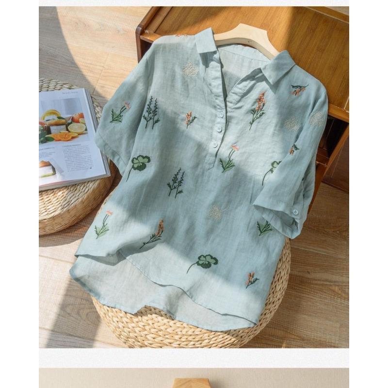 Short-sleeved Cotton and Linen Shirts for Women in Summer New Style Loose Literary Retro Printed Fashion Tops Casual
