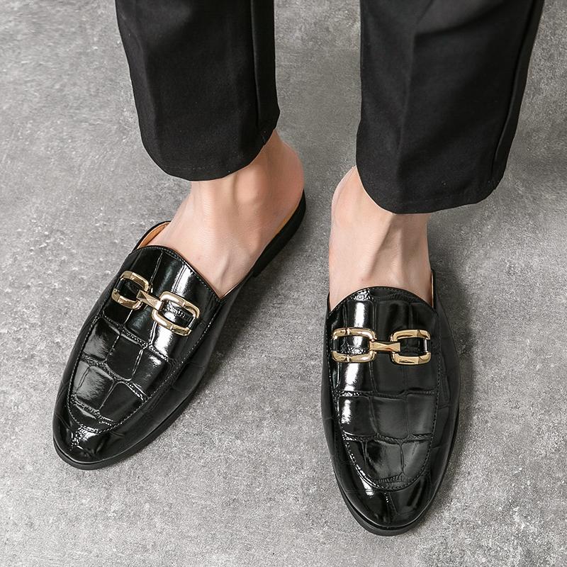 Luxury Designer Men's Alligator Pattern Metal Chain Sandals Half Sequin Shoes For Men Mules Casual Shoes Slides Loafers Slippers