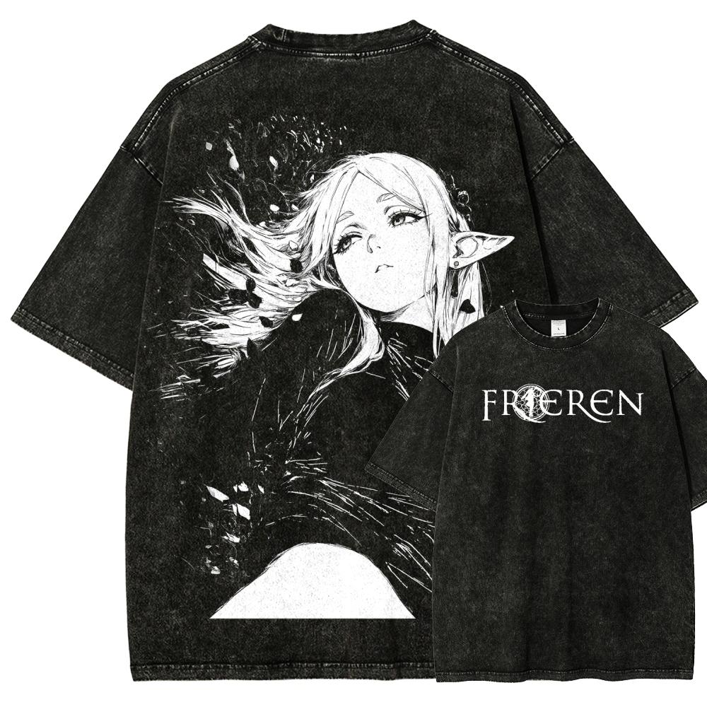 Frieren Anime Lover Washed T-shirt Year Round Clothing High Quality Personality Clothes Plus Size Unisex New Model Couples Tee