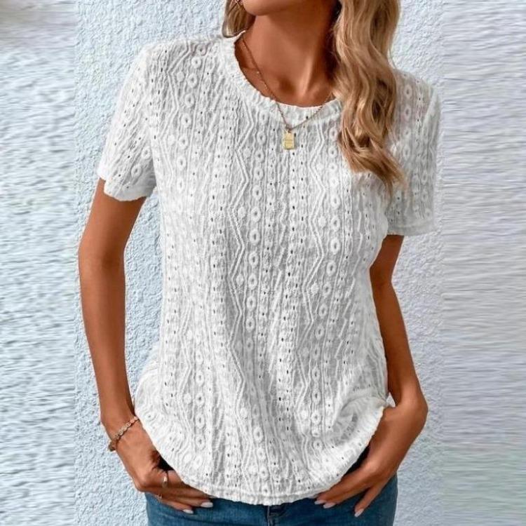 Women Casual Summer Pleated Hollow Out Short Sleeve Shirts O Neck Pullover Blouses Solid Tops Loose Blouses S