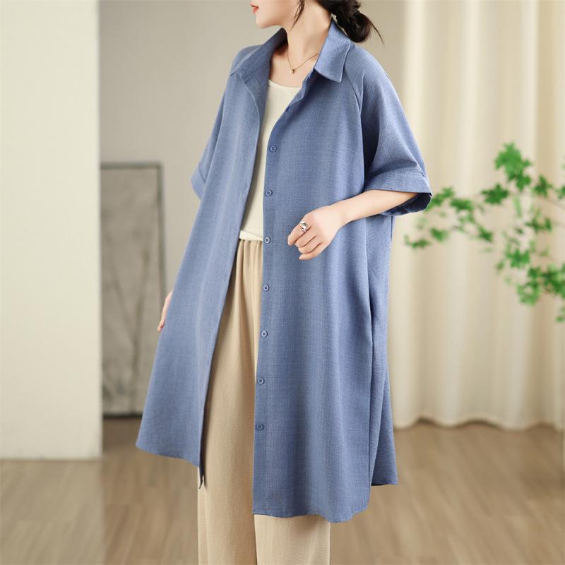 Spring/Summer Artistic Slim Fit Lapel Jacket & Mid-Length Lace-Up Shirt Dress for Women One Size (Plus Size) синий