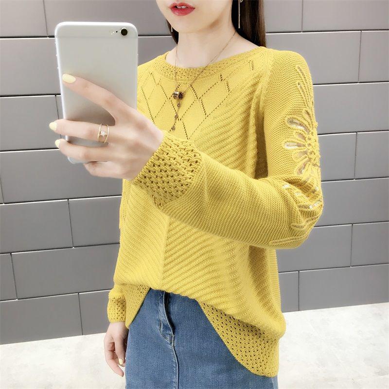 

Новый женский пуловер, модный однотонный полый свитер, свитер с круглым вырезом с длинными рукавами, кардиган, короткая строчка S 42.5-47.5KG жёлтый