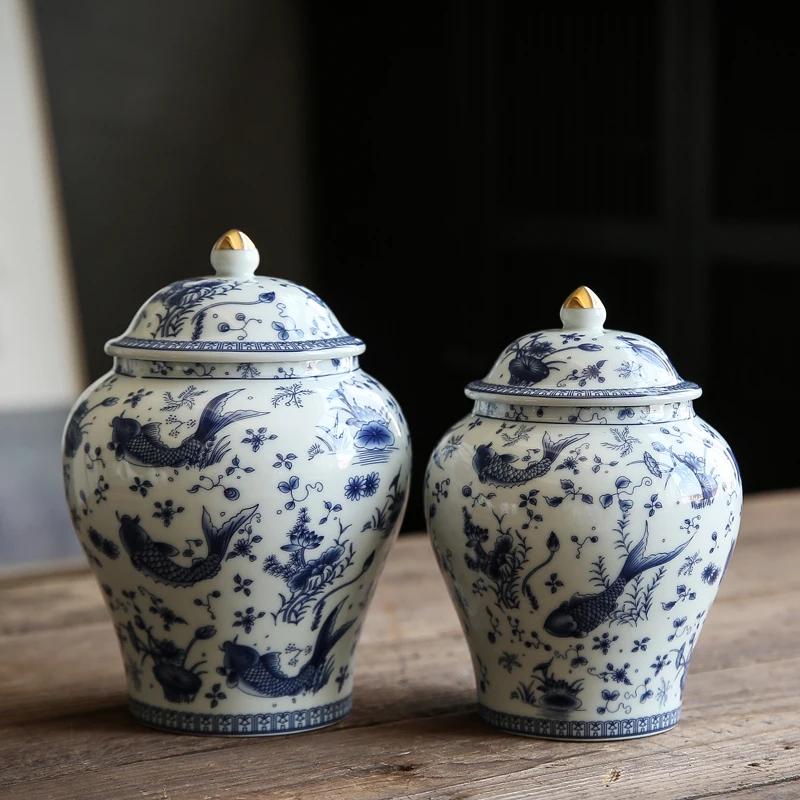 Čínská Vintage Modrobílá Porcelánová Nádoba na Džbán Keramická Zázvorová Nádoba Vzduchotěsná Skladovací Nádoba Porcelánové Řemeslo Dekorace