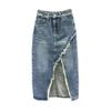 Gonna Midi in Denim Trendy Spicy Girl con Spacco - Vita Alta Irregolare A-line Design Sfilacciato da Donna