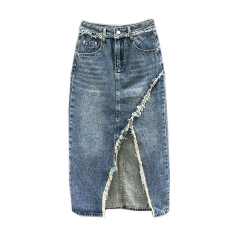 Trendy Spicy Girl Slit Denim Midi Skirt - Women’s High Waist Irregular A-Line Frayed Design