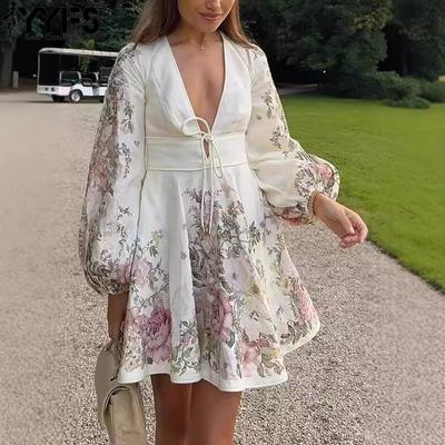 Women's Fashion Spring Fall Flower Pattern Print Long Sleeve V-Neck High Waist Casual Dresses