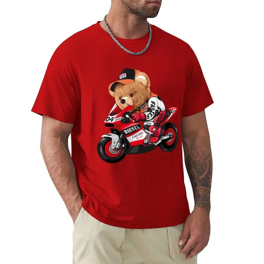 Cute Teddy Bear Riding Motorcycle T Shirt Harajuku Short Sleeve T-shirt 100% Cotton Graphics Tshirt Tops