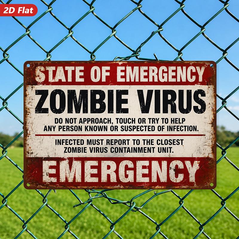 2D Flat, 1pc Zombie Warning Metal Sign Wall Art, Zombie Virus Text, Emergency Header, Red White Layout, Distressed Rust, Horror Style, Home Decor, Ide