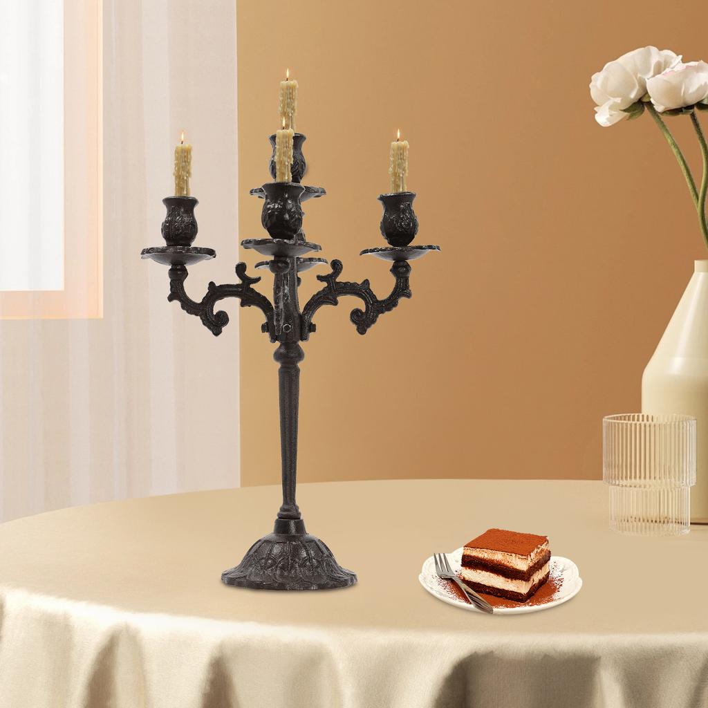 Height 17in Vintage 5-Arm Candle Holder – Rustic Brown Iron Candelabra for Tabletop Decor – Antique-Style 5-Light Candle Stand