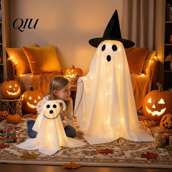 Haunted House Party Supplies Halloween Ghost Walking Dog Decor with LED String Light, Spooky Glowing Battery Powered Lights Puppy for