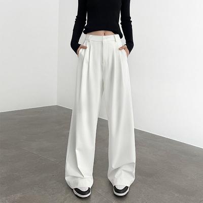 Women's White High-Waist Drape Straight Slim Tailored Wide-Leg Trousers | Spring-Autumn Premium Casual Non-Sheer Suit Pants