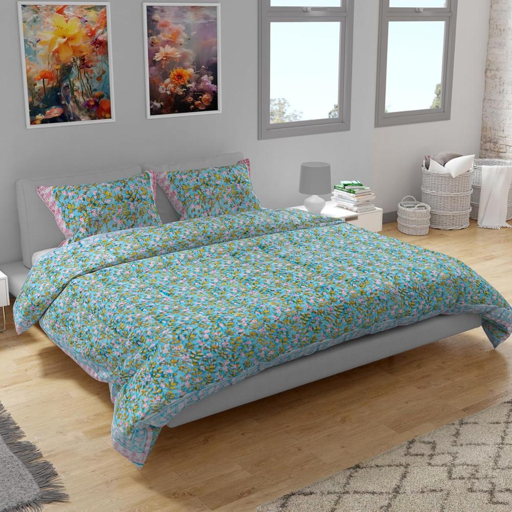 

Handmade Organic Cotton Kantha Quilt Luxury Comforter 3-Pieces Set -Printed & Stitched Blue Floral(Includes 1 Quilt and 2 Pillow Shams) Twin Size (68 X 86 )