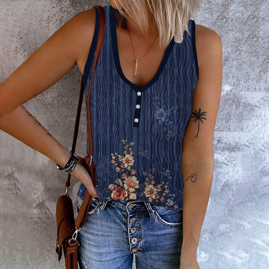 

Повседневная рубашка 2023 Лето Майка Мода V-образный вырез Принт Блузка Женский Свободный топ Молодежный Без рукавов Blusas Para Mujer Элегантный 25706 XXXL леденец