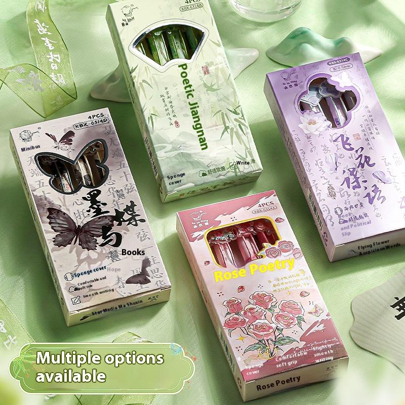 4 Stück/Set Kreativer Soft-Grip Gelstift Drucktyp 0,5 mm Schwarze Tinte Kugelschreiber Schmetterlingsaufnäher Neutralstift Geschenk Schreibwerkzeuge