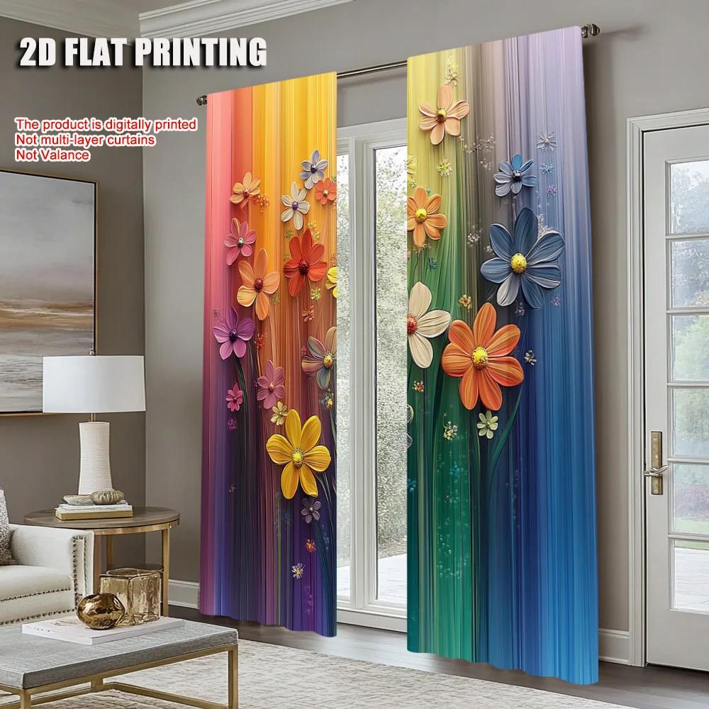 2Pcs Artistic Floral Printed Window Curtains Polyester Material Rod Pocket Design Drapes For Bedroom Living Room Office