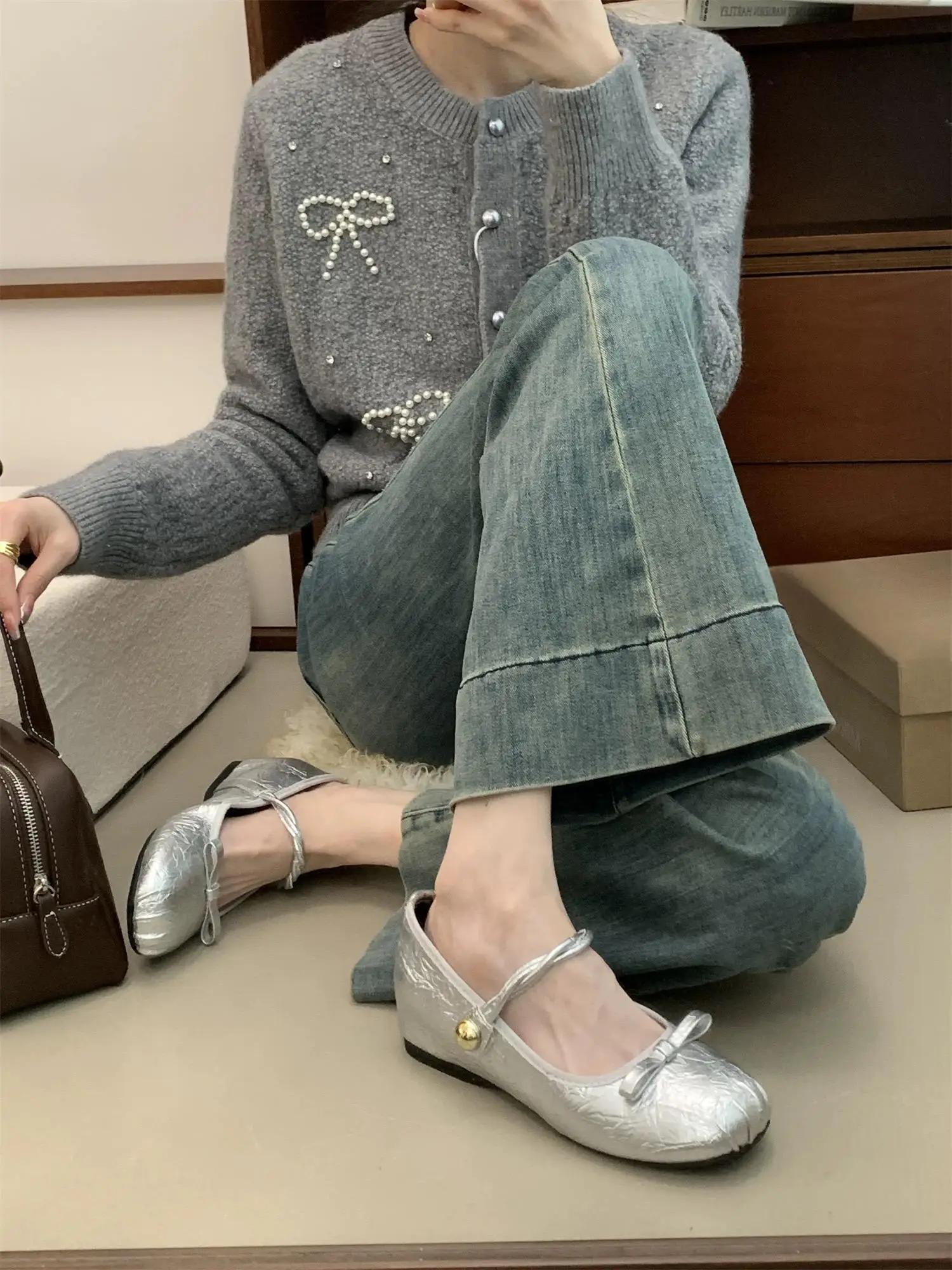 Балетки на плоской подошве Модная женская обувь Повседневные кроссовки с круглым носком Удобные туфли для вечеринок Ретро-стиль для отдыха Mujer 35 серебряный 2878₽