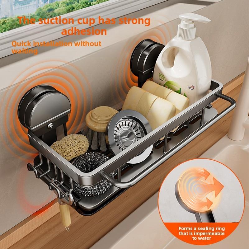Kitchen Aluminum Suction Cup Sink Organizer With Drip Tray For Wall Mounting