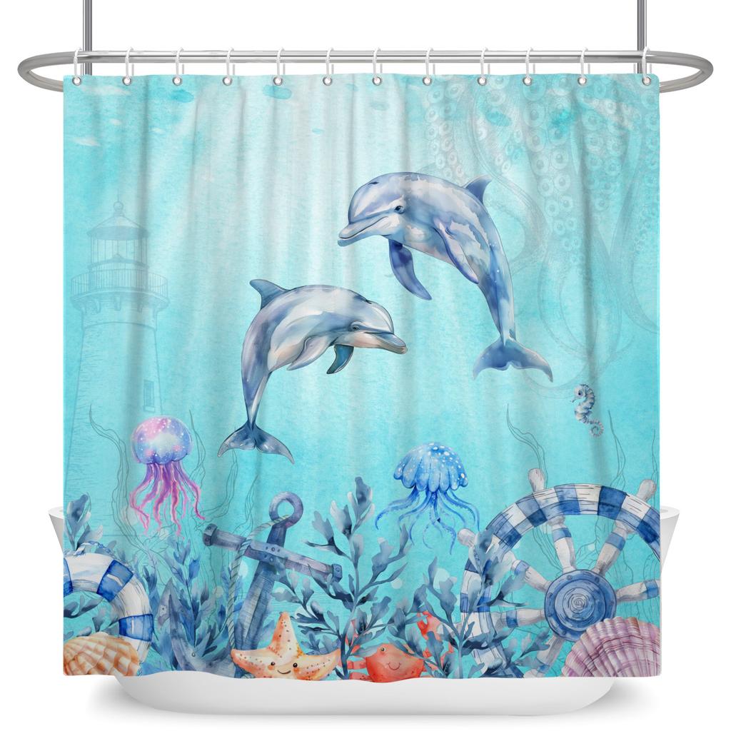 Underwater World Theme Bathroom Shower Curtain Sharks Turtles Jellyfish Decor Waterproof Bathroom Polyester Curtain With Hooks